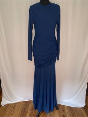 Long-Sleeve Ruched Maxi Dress in Navy with a Slit